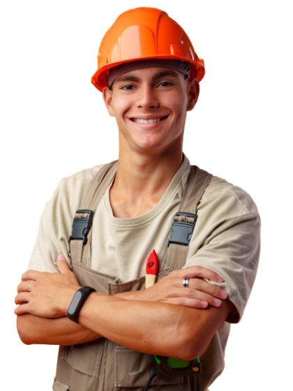 Smiling technician in safety helmet with tools, representing nationwide home services